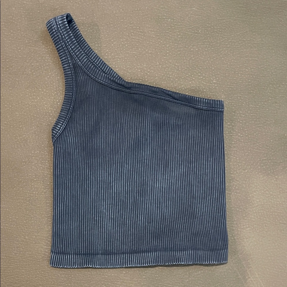 Nikibiki Washed Blue One-Shoulder Ribbed Top
